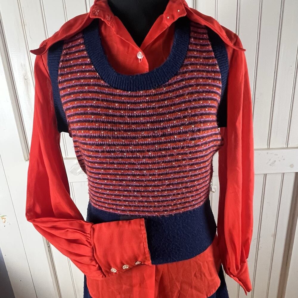 Vintage 70s Rosanna 3pc Knit Skirt Vest Set Red Dagger Collar Bishop Sleeve Sz S - Picture 10 of 16